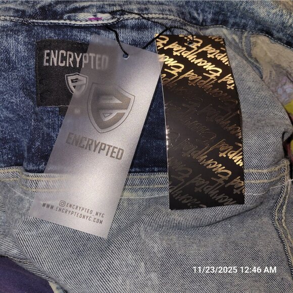 Denim Jacket Encrypted comic book pop art distressed acid wash Street Grunge NWT - Picture 8 of 8